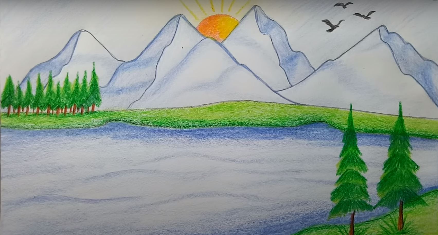 Drawing of a small lake with mountains behind it.