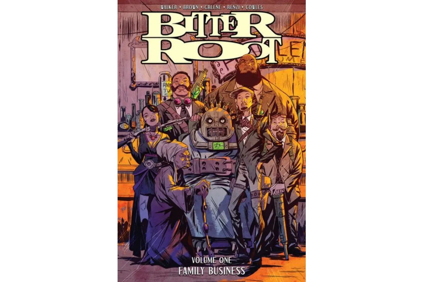 Cover image - a motley crew of characters pose in front of an old-fashioned bar; they are dressed in steampunk/Western garb and are holding classic and futuristic-looking long guns.