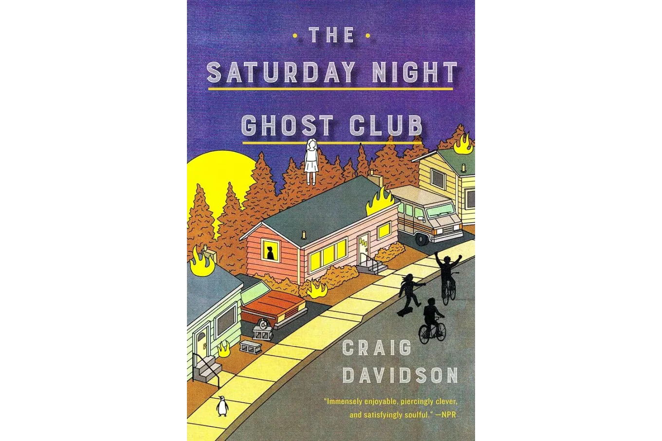 Cover image - a cartoonish depiction of a nighttime neighborhood scene. Three shadowy kids ride down the street on bikes and skateboards, the three visible houses have fires burning on the roofs and in the shrubs, and above the pink central house, a ghostly white figure hangs suspended in mid-air.