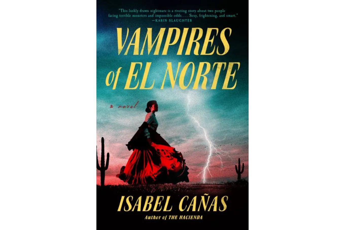 Cover image - a young woman in an early 19th century red dress strides across desert ground against a stormy sky of pinks and greens.  There are saguaro cacti and a sky-to-ground lightning strike in the background.