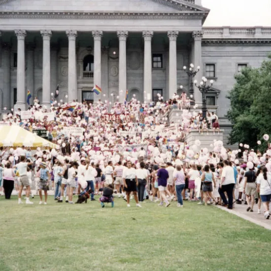 	 Crowds gather after marching down Main Street in the first pride march in South Carolina. A rally was held on the State House grounds following the march with performers and prominent speakers in the LGBT community.