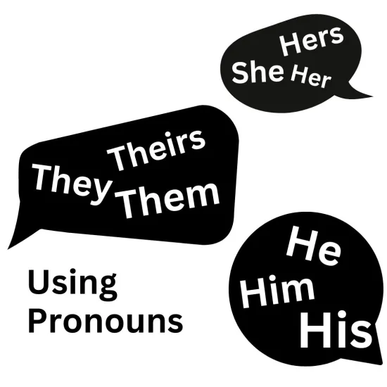 Black Speech bubbles on a white background that contain the pronouns sets she, they, and he. Bottom left text: Using Pronouns
